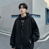 现货小众烫钻可拆卸领带设计连帽卫衣重磅宽松慵懒外套W2056-P89，女装短外套，星座1017