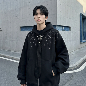 现货小众烫钻可拆卸领带设计连帽卫衣重磅宽松慵懒外套 W2056-P89，女装短外套，星座1017