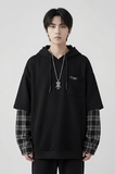 现货春季连帽卫衣男潮牌ins假两件拼接格子慵懒风W8212-P68，男装卫衣，星座1017