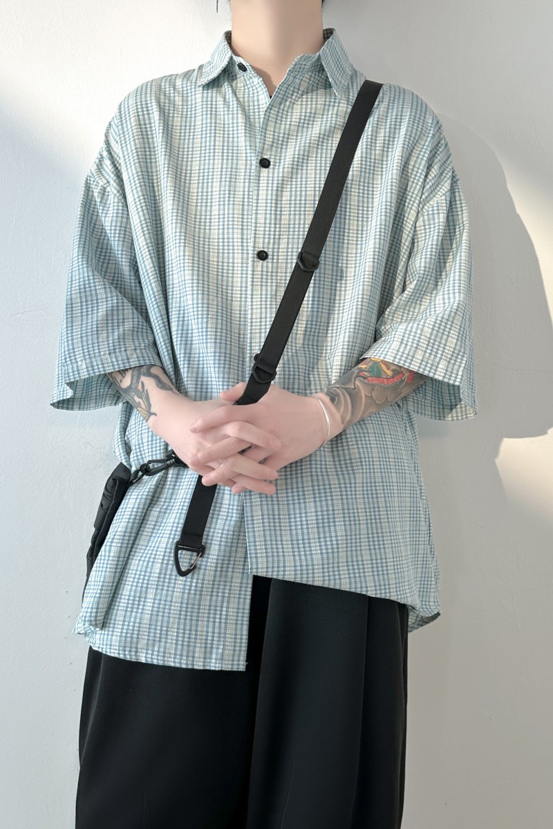 2023格子衬衫男高级感短袖休闲宽松衬衣1017-CC113-P38,男装衬衫,星座1017