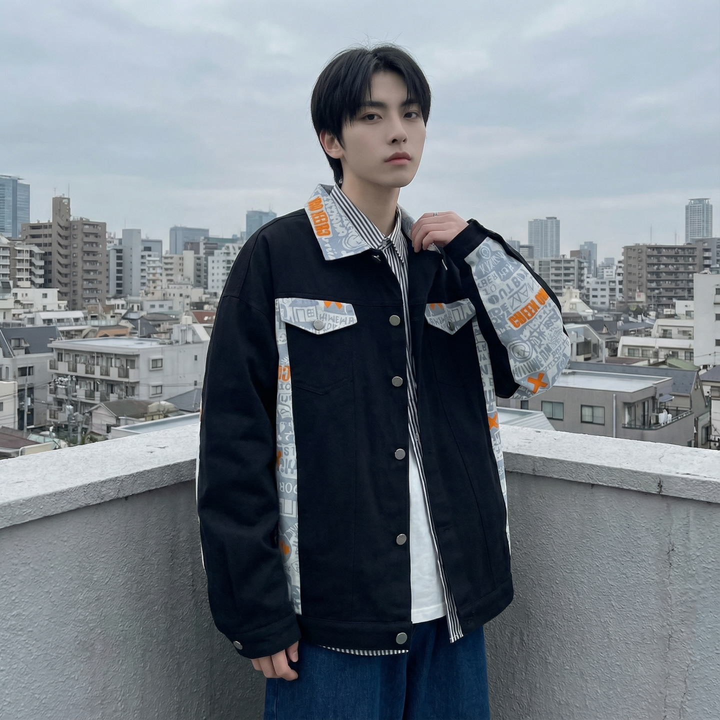 现货2026春季痞帅拼接设计感翻领夹克高级感潮流外套J24-P75,男装夹克,星座1017