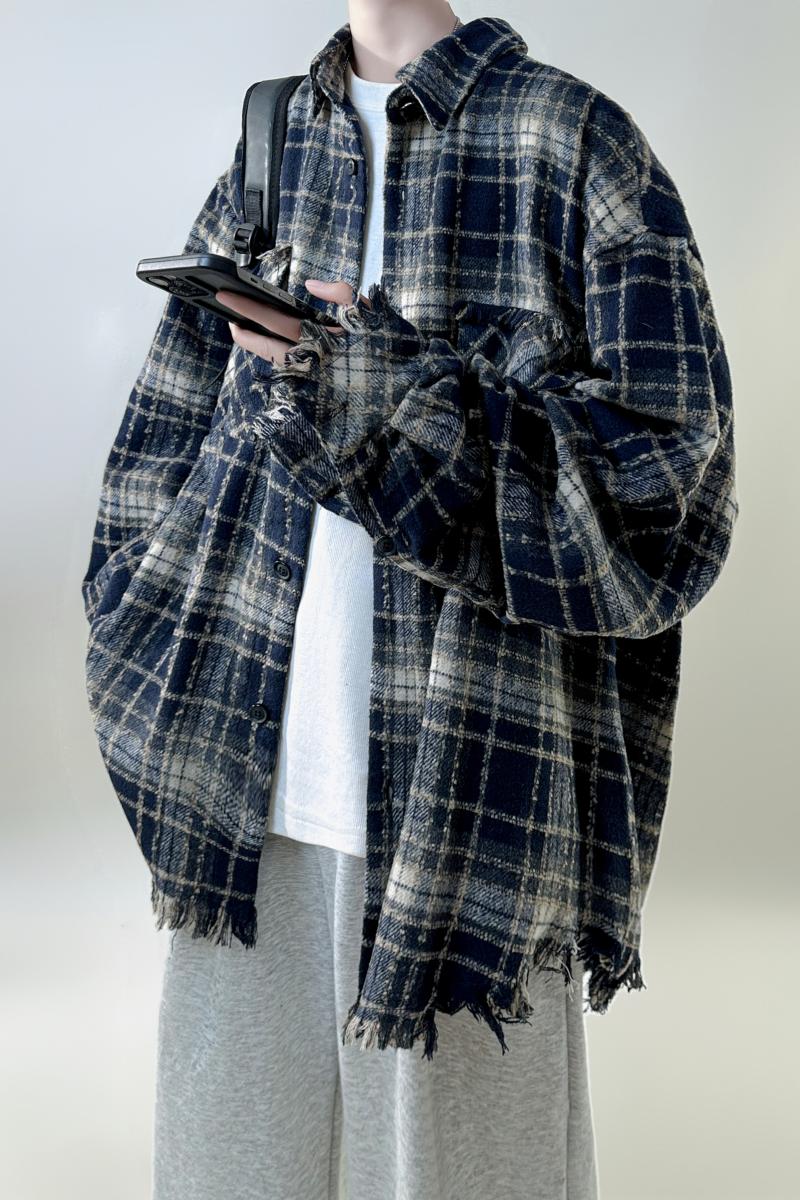 wassuphappy美式复古格子衬衫男款春秋季潮牌设计感休闲毛边外套,男装衬衫,星座1017