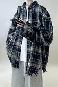 wassup happy美式复古格子衬衫男款春秋季潮牌设计感休闲毛边外套图片
