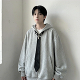 现货小众烫钻可拆卸领带设计连帽卫衣重磅宽松慵懒外套W2056-P89，女装短外套，星座1017