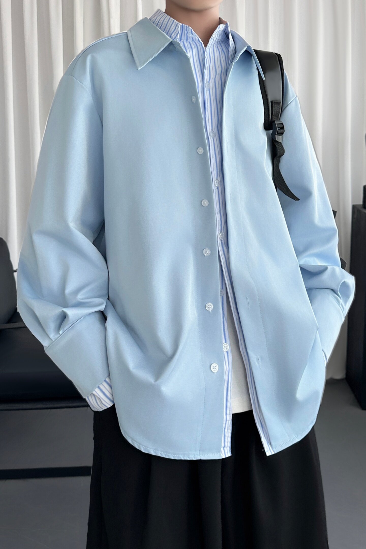 设计感假两件拼接衬衫男宽松痞帅情侣衬衣外套潮D2535-P88,男装衬衫,星座1017