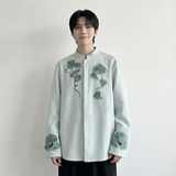 现货春款风灵芝刺绣宽松休闲立领长袖青灰色衬衣SA783-P88，男装衬衫，星座1017