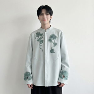 现货春款风灵芝刺绣宽松休闲立领长袖青灰色衬衣 SA783-P88图片