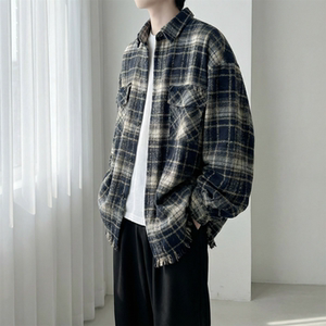现货 2026春复古美式格子长袖衬衫毛边宽松衬衣 SC245-P58，男装衬衫，星座1017