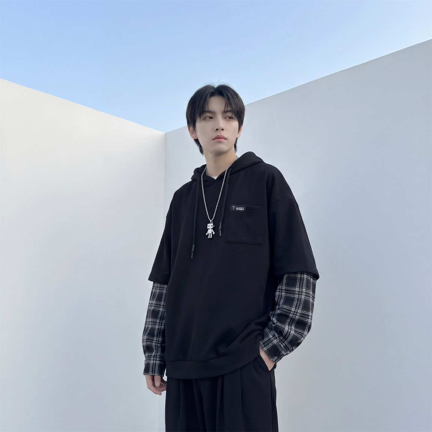 现货春季连帽卫衣男潮牌ins假两件拼接格子慵懒风W8212-P68，男装卫衣，星座1017