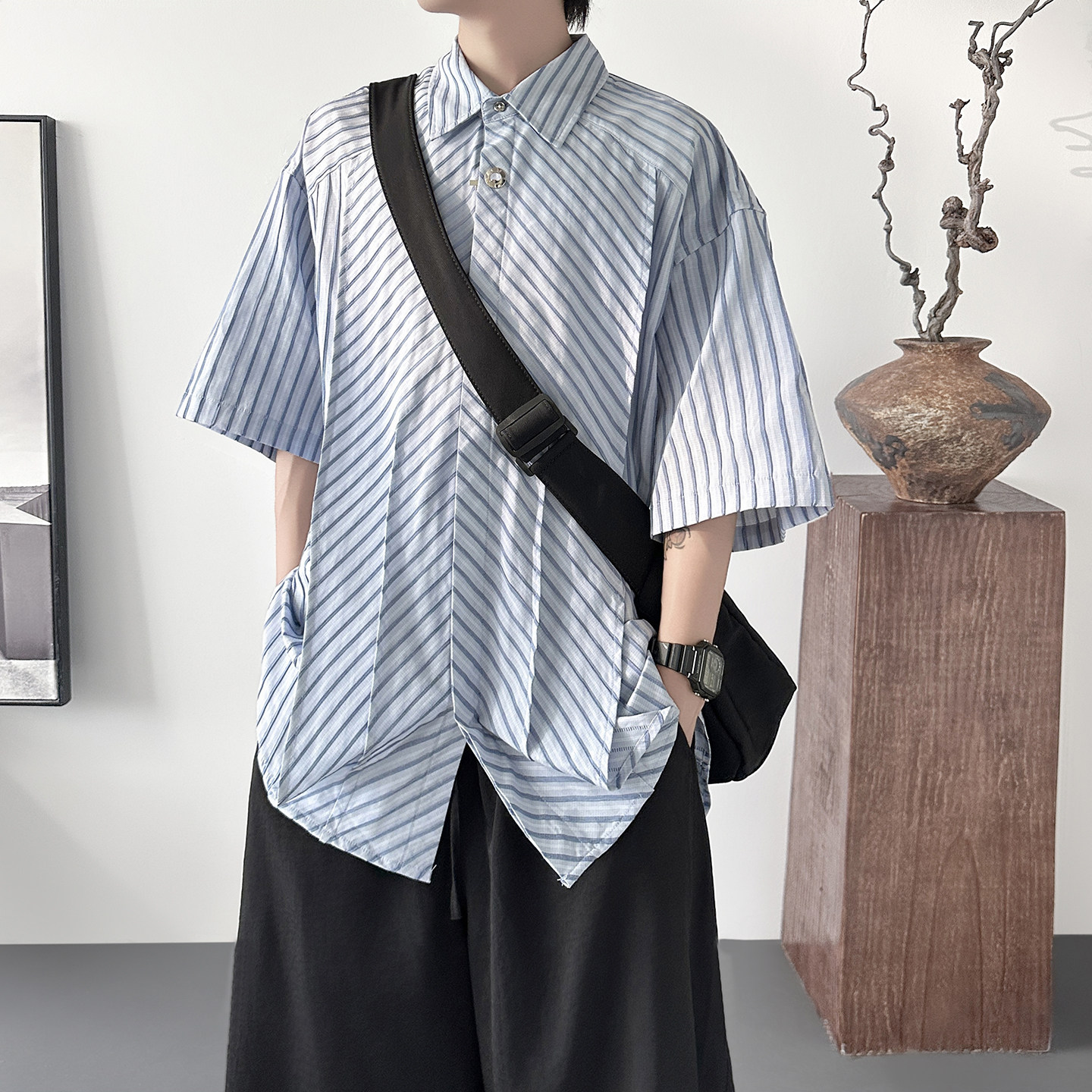 条纹衬衫男款短袖超好看休闲衬衣韩版潮牌上衣AS208-P58,男装T恤,星座1017