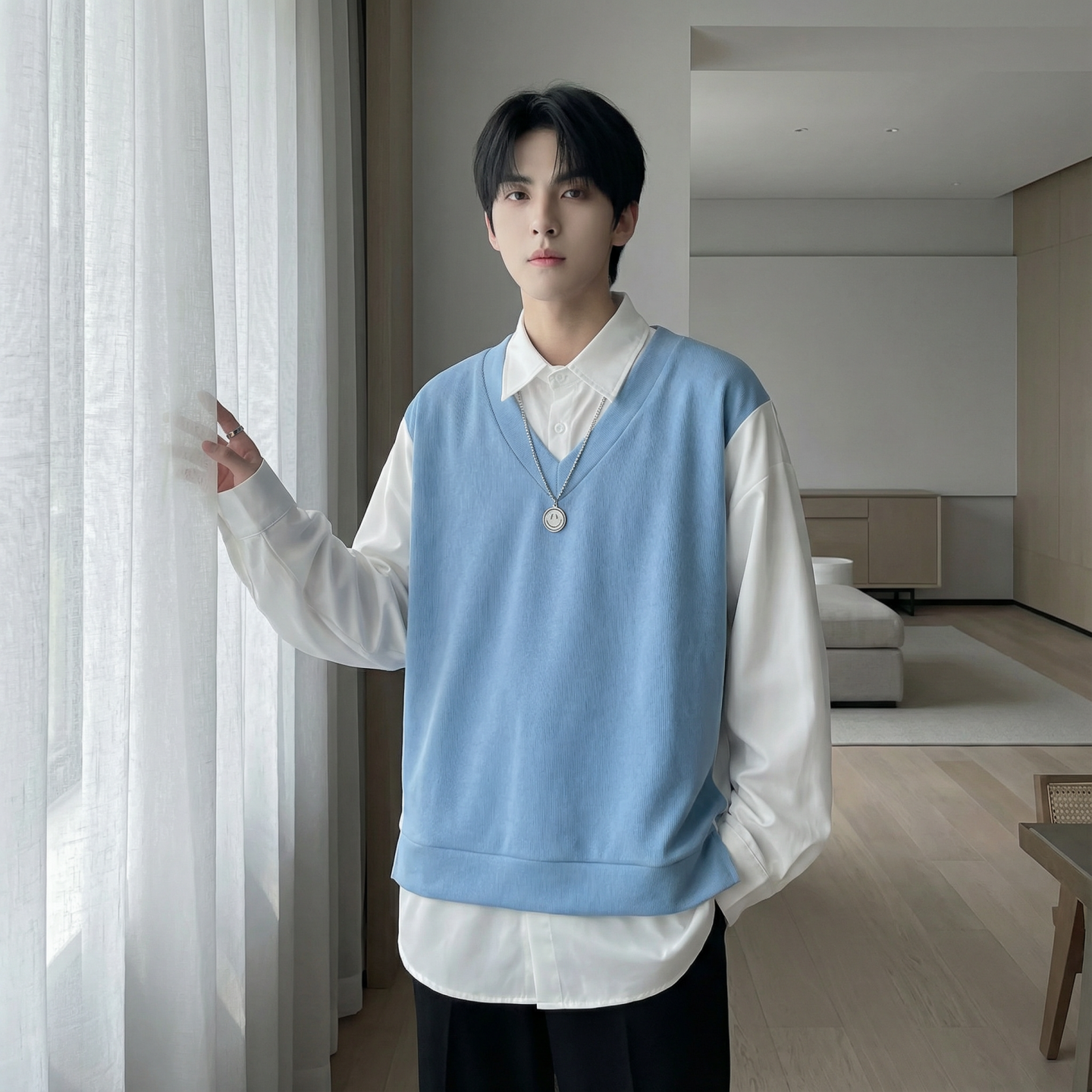 现货假两件长袖衬衫宽松衬衣港风休闲百搭上衣GK25-P58，男装衬衫，星座1017