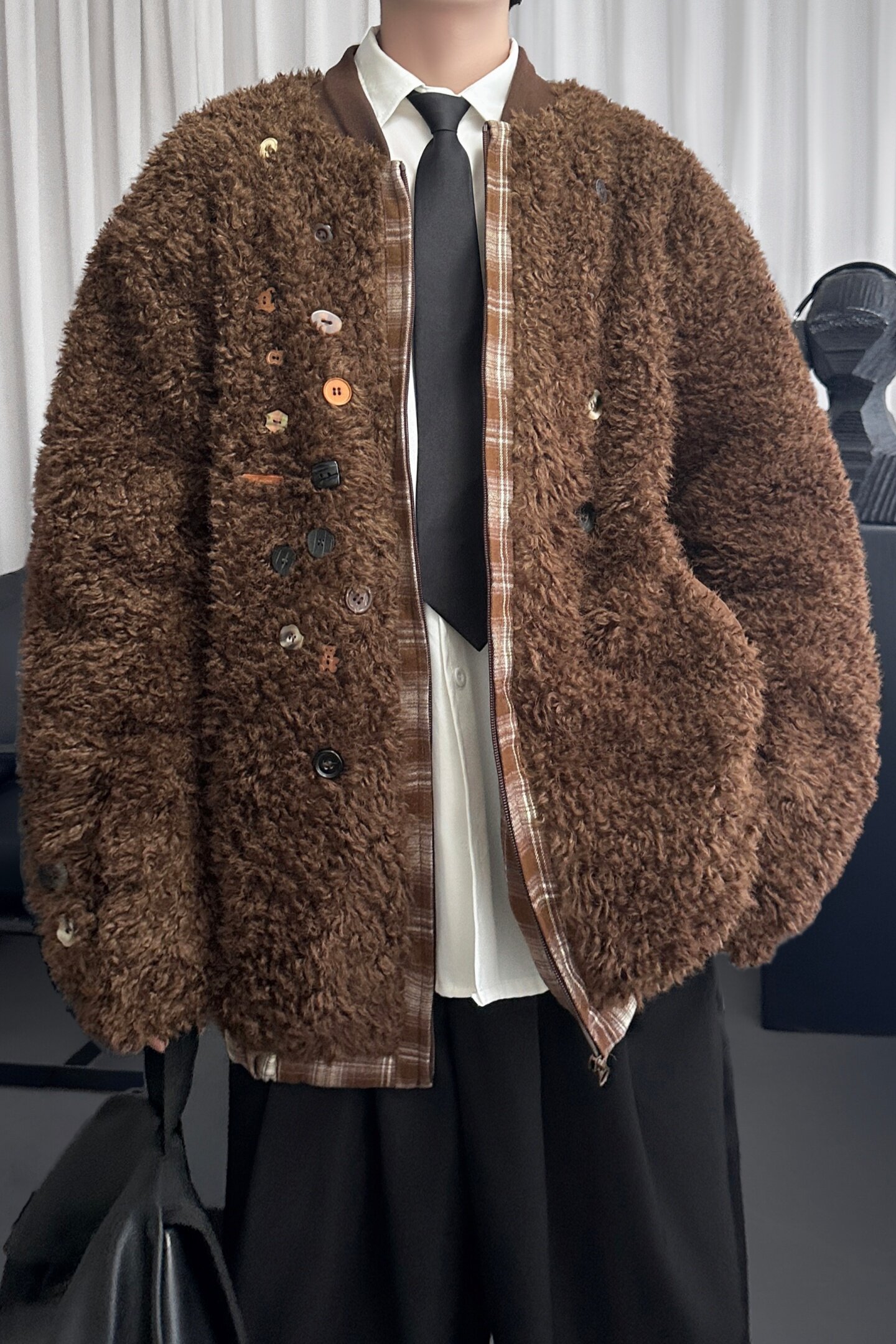 复古棕色羊羔毛绒加厚外套秋冬季美拉德摇粒绒棒球服M0992-P138,女装短外套,星座1017