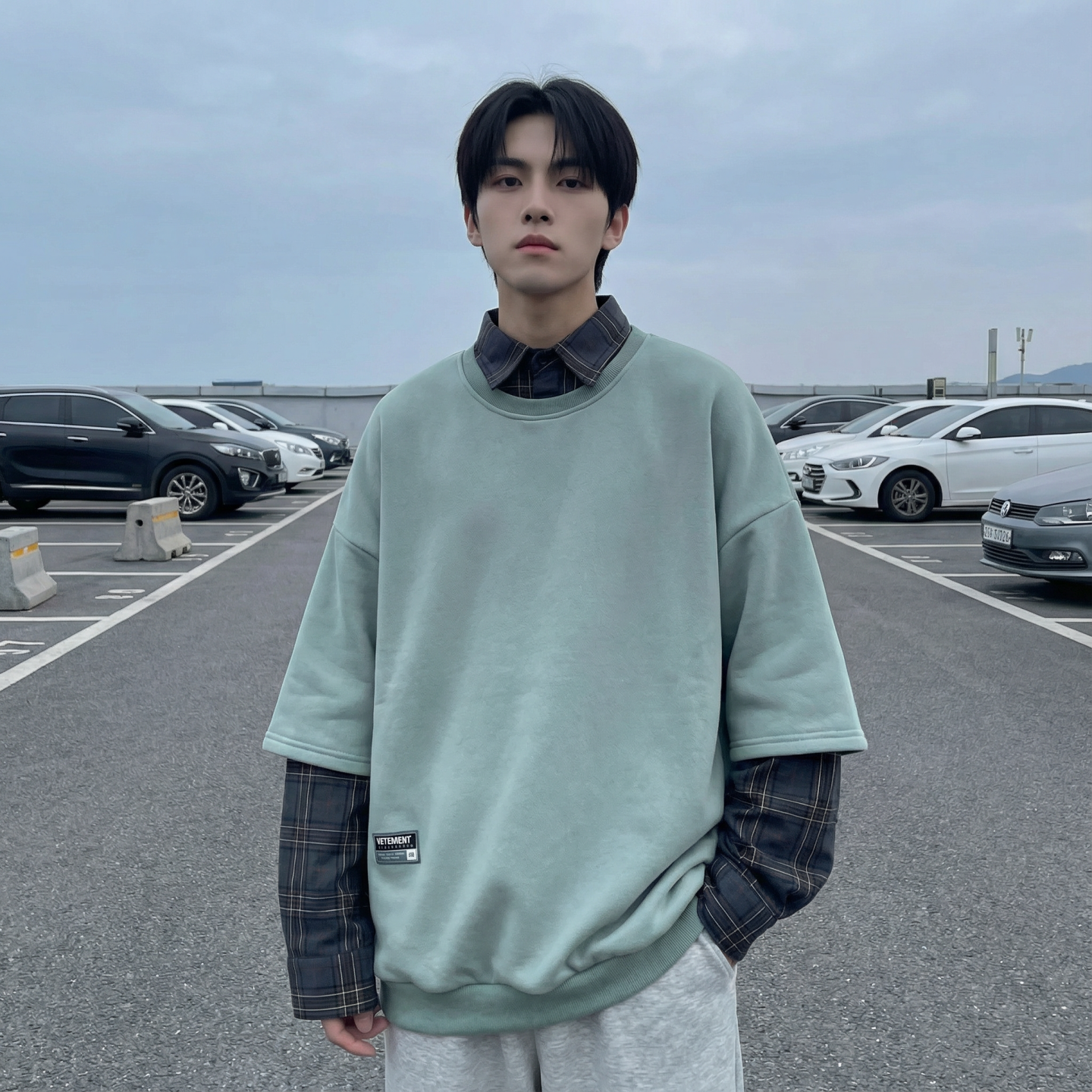 现货2026春款假两件卫衣衬衫领复古vibe格子美式外套A5613-P65，男装衬衫，星座1017