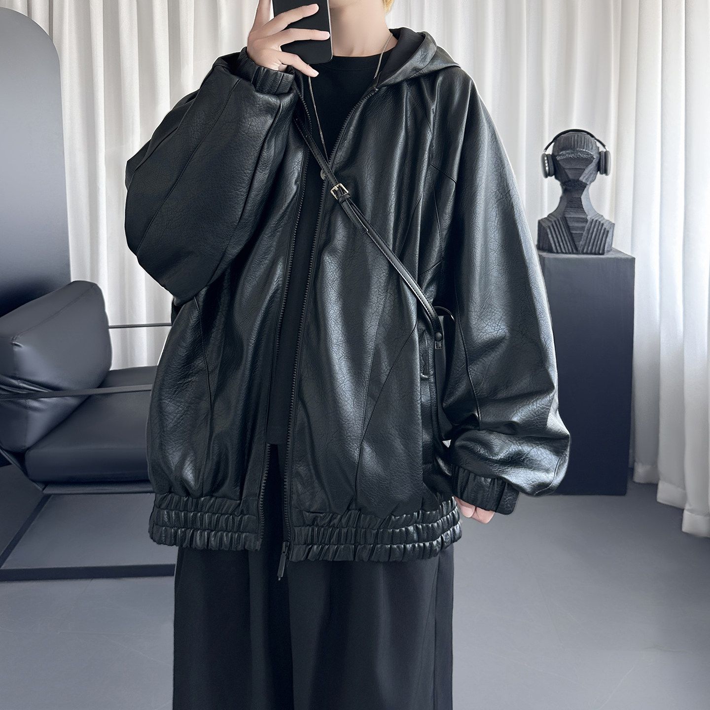复古连帽皮衣外套男款秋季潮牌痞帅休闲皮夹克外套Q4020-P118,男装夹克,星座1017