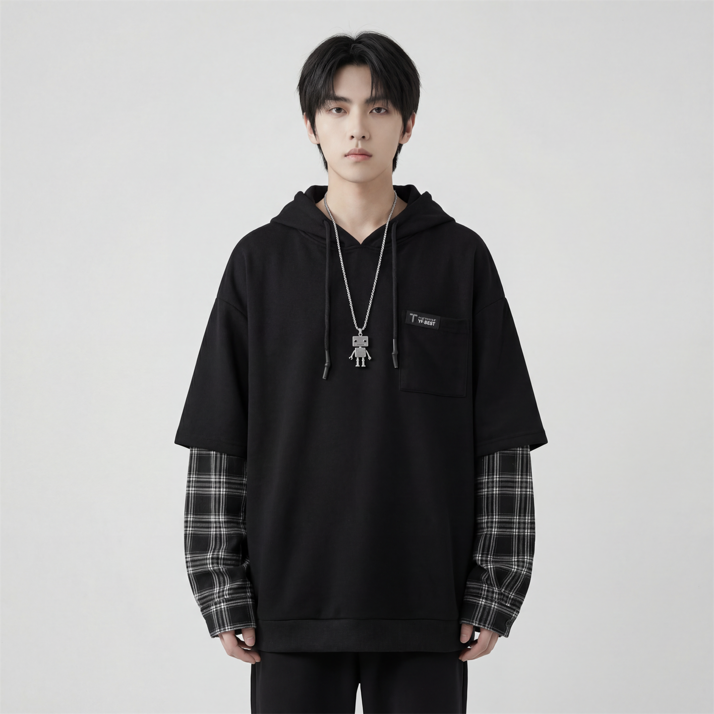 现货春季连帽卫衣男潮牌ins假两件拼接格子慵懒风W8212-P68，男装卫衣，星座1017