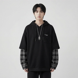 现货春季连帽卫衣男潮牌ins假两件拼接格子慵懒风W8212-P68，男装卫衣，星座1017