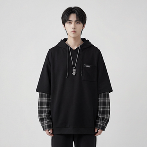 现货 春季连帽卫衣男潮牌ins假两件拼接格子慵懒风 W8212-P68，男装卫衣，星座1017