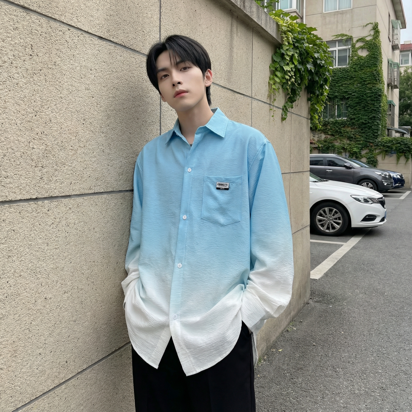 2026现货渐变长袖衬衫水洗褶皱宽松潮流休闲衬衣DS651-P58，男装衬衫，星座1017