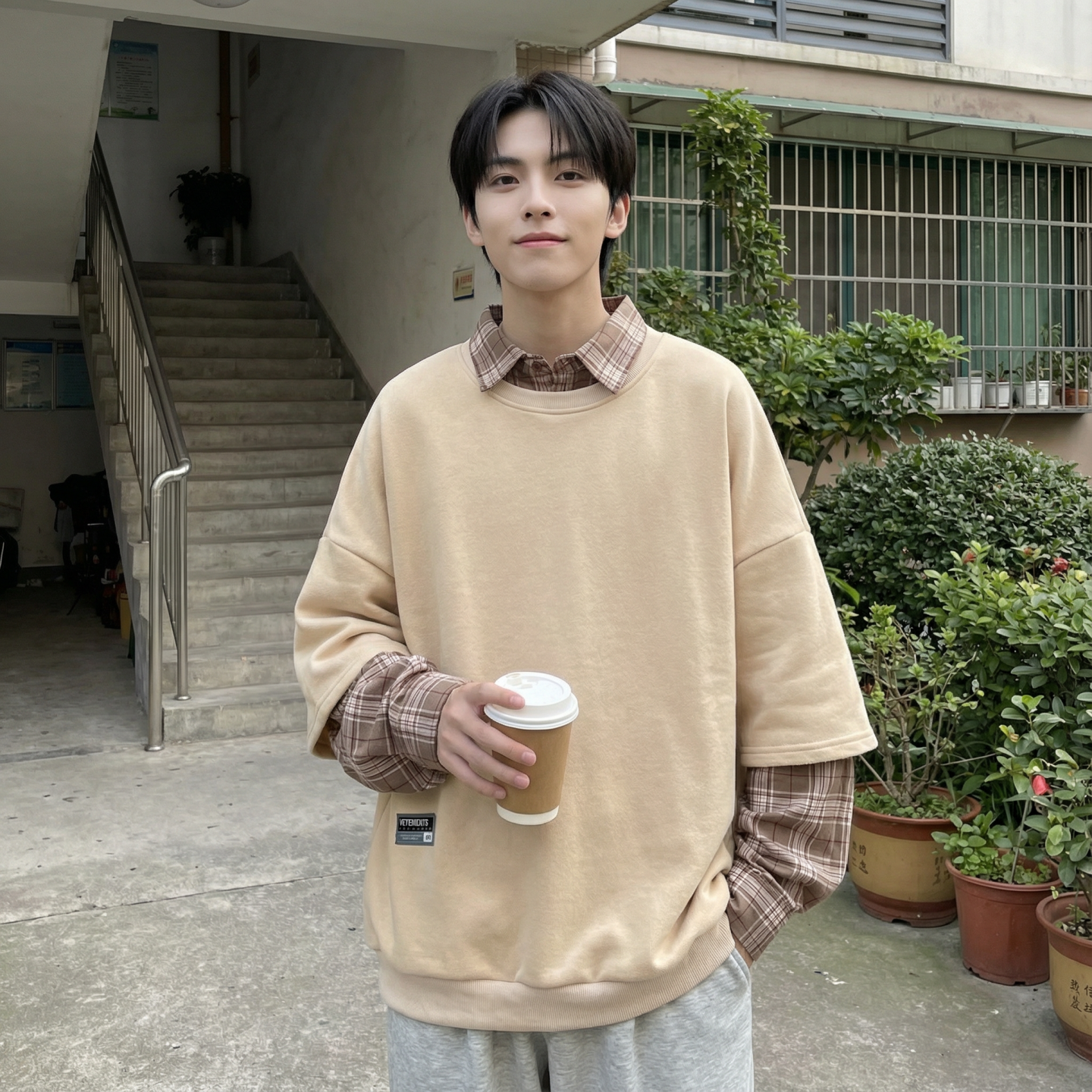 现货2026春款假两件卫衣衬衫领复古vibe格子美式外套A5613-P65,男装衬衫,星座1017