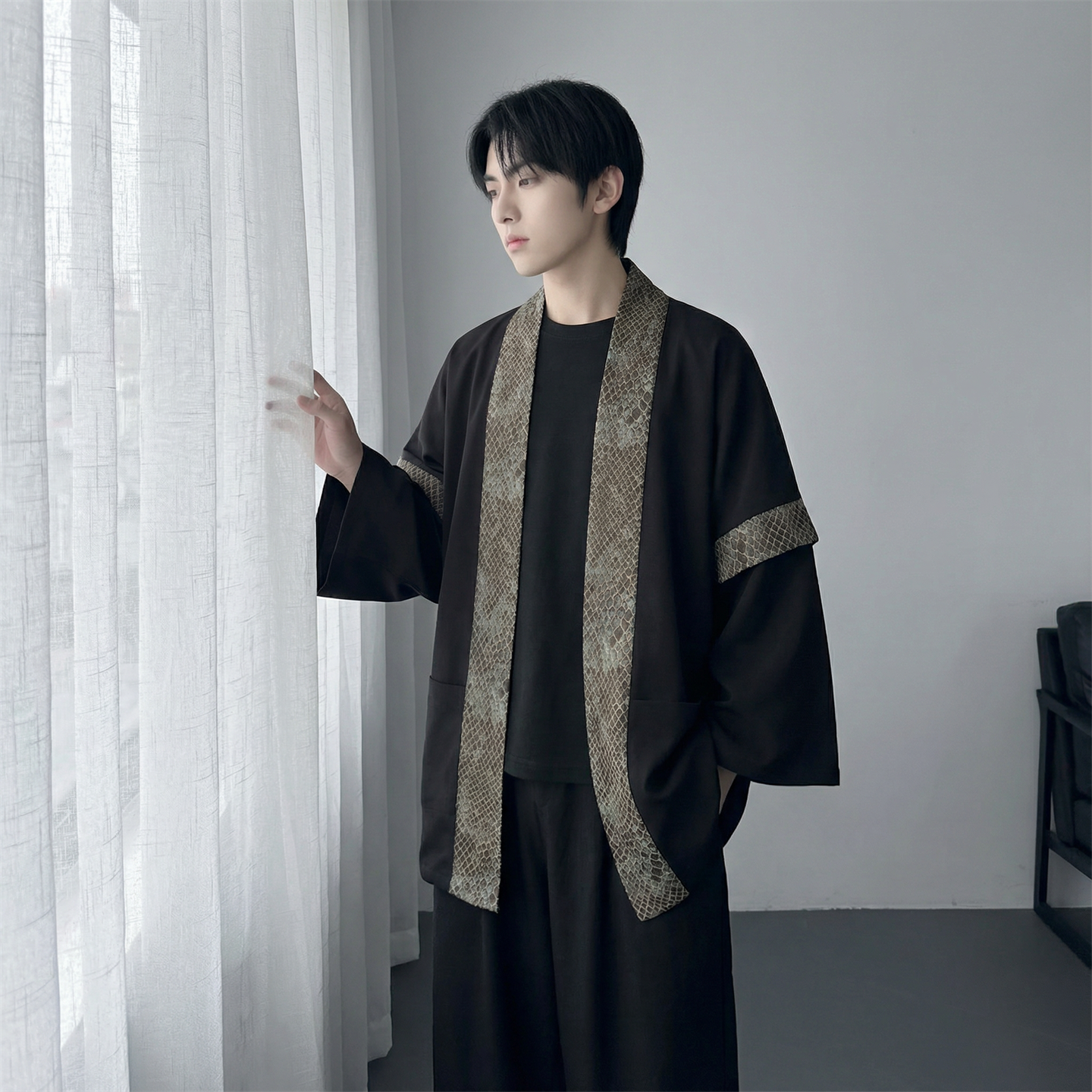 现货春秋风蟒纹印花拼接男士道袍汉服D3206-P78,男装民族服装,星座1017