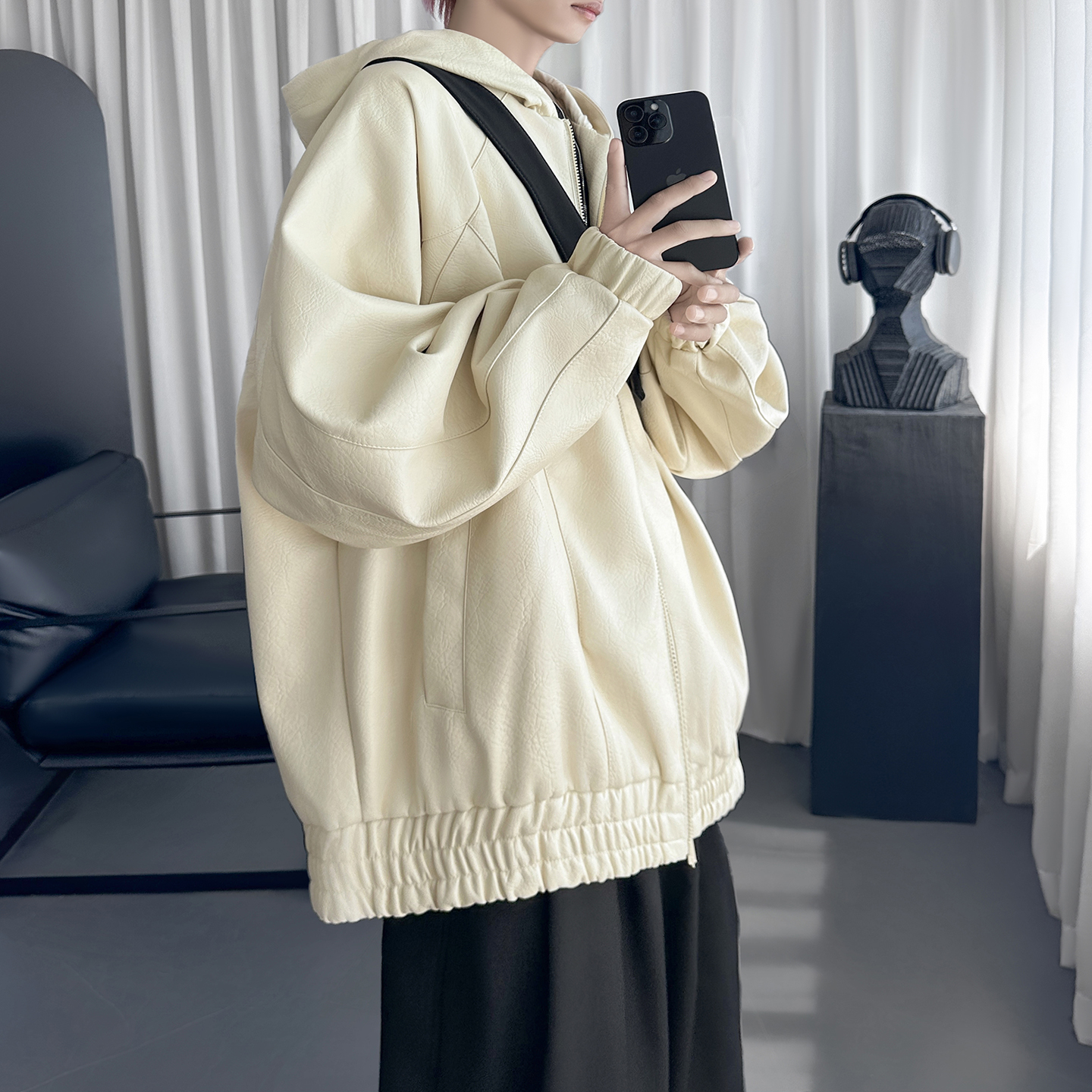 复古连帽皮衣外套男款秋季潮牌机车痞帅皮夹克外套女Q1562-P128，男装夹克，星座1017