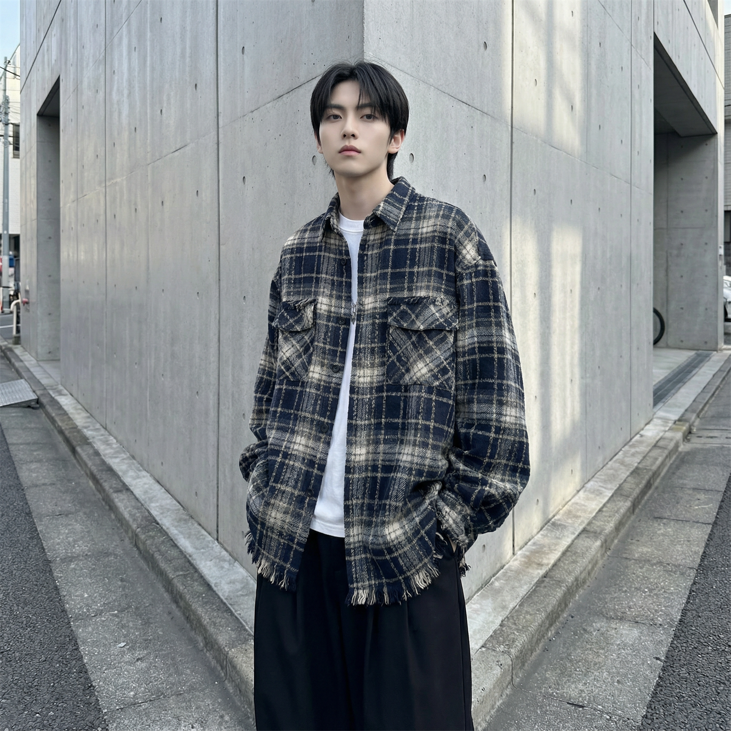 现货2026春复古美式格子长袖衬衫毛边宽松衬衣SC245-P58，男装衬衫，星座1017