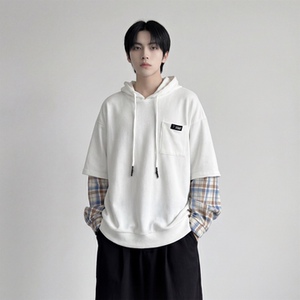 现货春季连帽卫衣男潮牌ins假两件拼接格子慵懒风W8212-P68