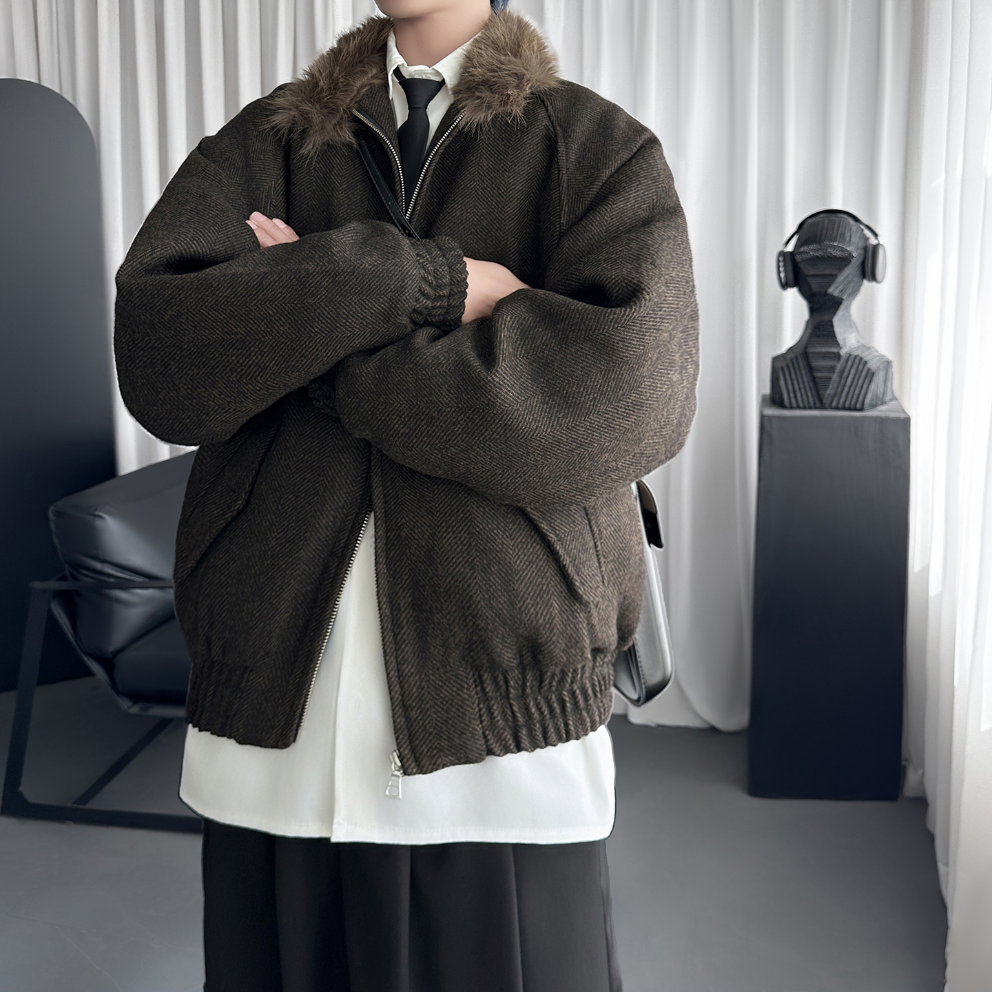 毛领哈灵顿廓形立领老钱风秋冬棉服夹克W6496-P138，男装夹克，星座1017