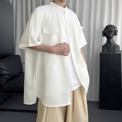 现货痞帅高级感半袖衬衫大码上衣港风日常外套短袖 C4745-P45