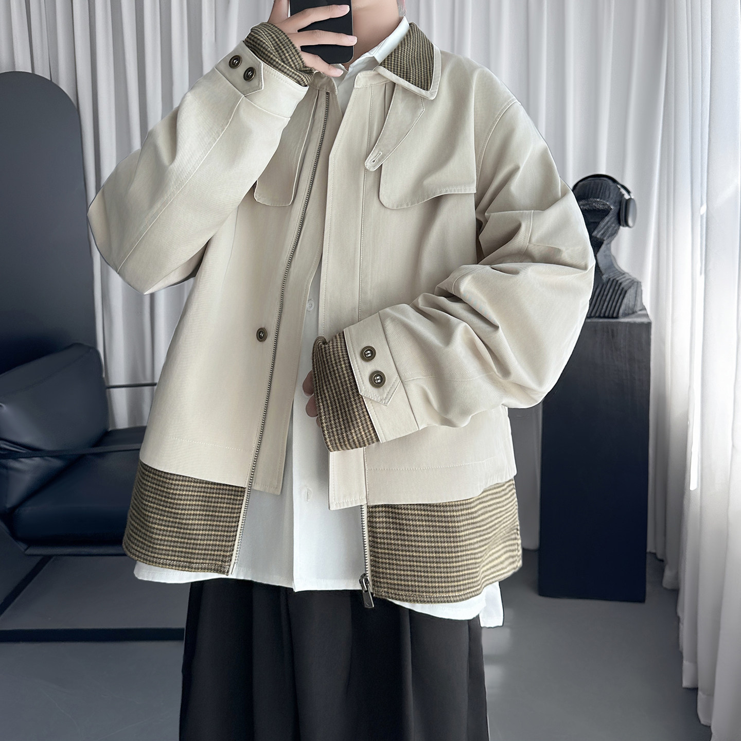 弯刀袖格纹拼接短夹克宽松外套男女款D2069-P138,男装夹克,星座1017