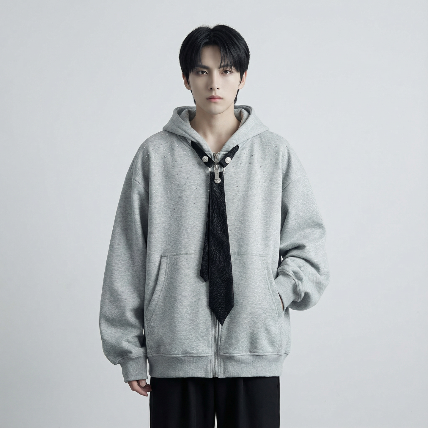 现货小众烫钻可拆卸领带设计连帽卫衣重磅宽松慵懒外套W2056-P89，女装短外套，星座1017