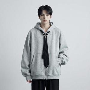 现货小众烫钻可拆卸领带设计连帽卫衣重磅宽松慵懒外套 W2056-P89，女装短外套，星座1017