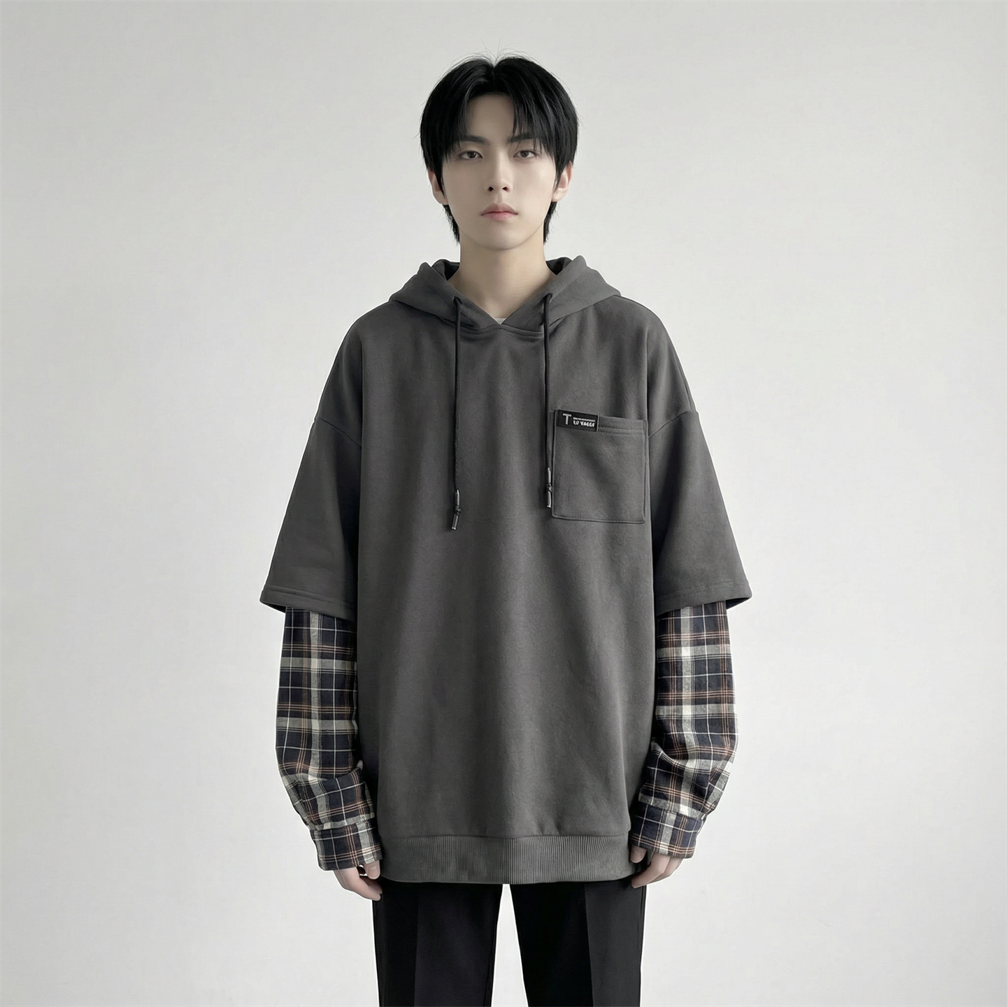 现货春季连帽卫衣男潮牌ins假两件拼接格子慵懒风W8212-P68，男装卫衣，星座1017