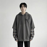 现货春季连帽卫衣男潮牌ins假两件拼接格子慵懒风W8212-P68，男装卫衣，星座1017