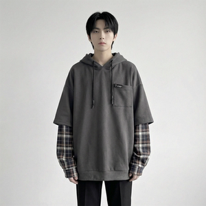 现货 春季连帽卫衣男潮牌ins假两件拼接格子慵懒风 W8212-P68，男装卫衣，星座1017