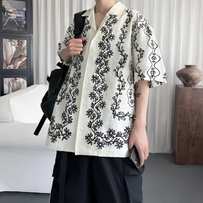 法式复古棉麻夏威夷短袖印花衬衫男古巴领宽松潮牌衬衣 S9158-P58