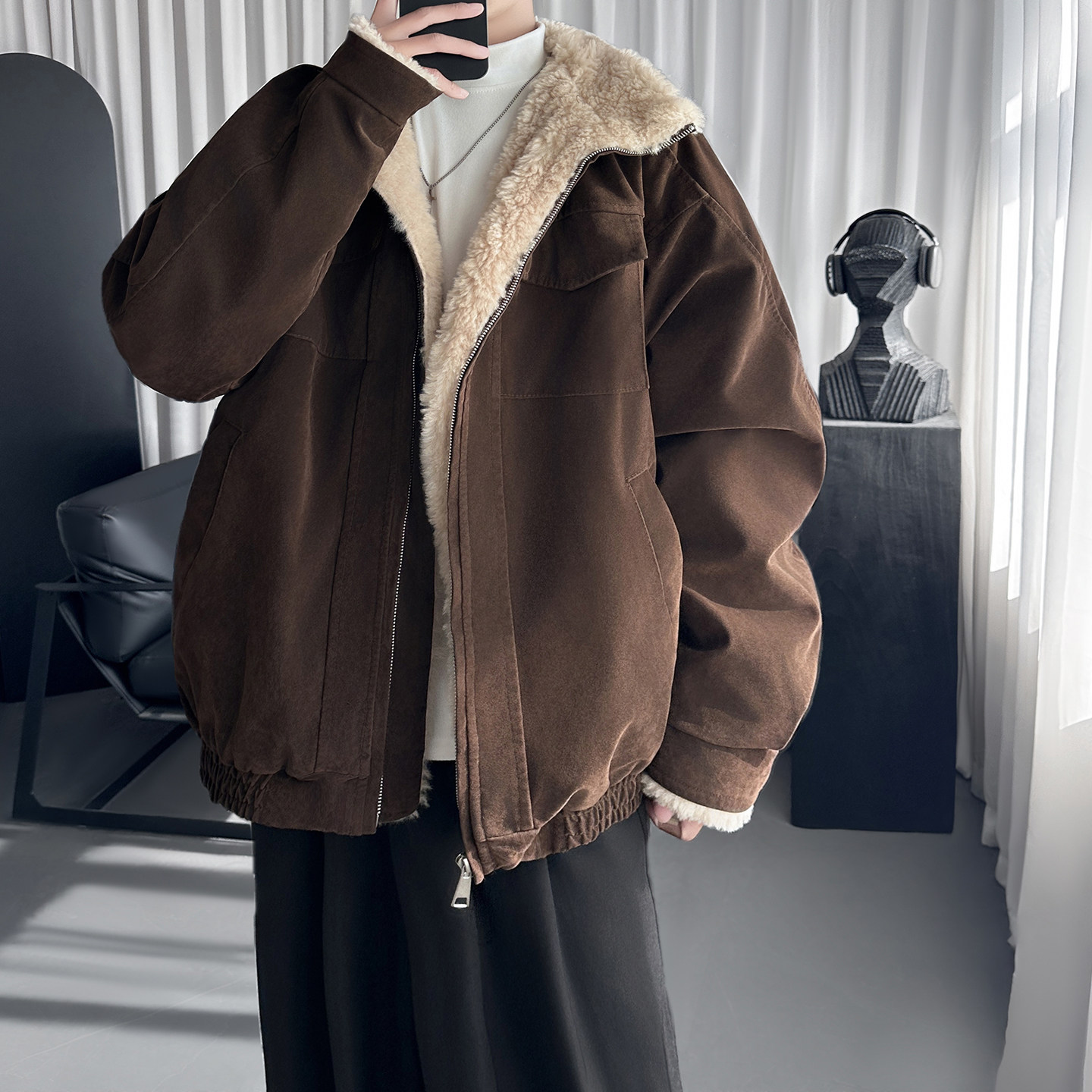 美拉德复古立领羊羔毛棉服男款加绒加厚工装棉衣 MF829-P148图片