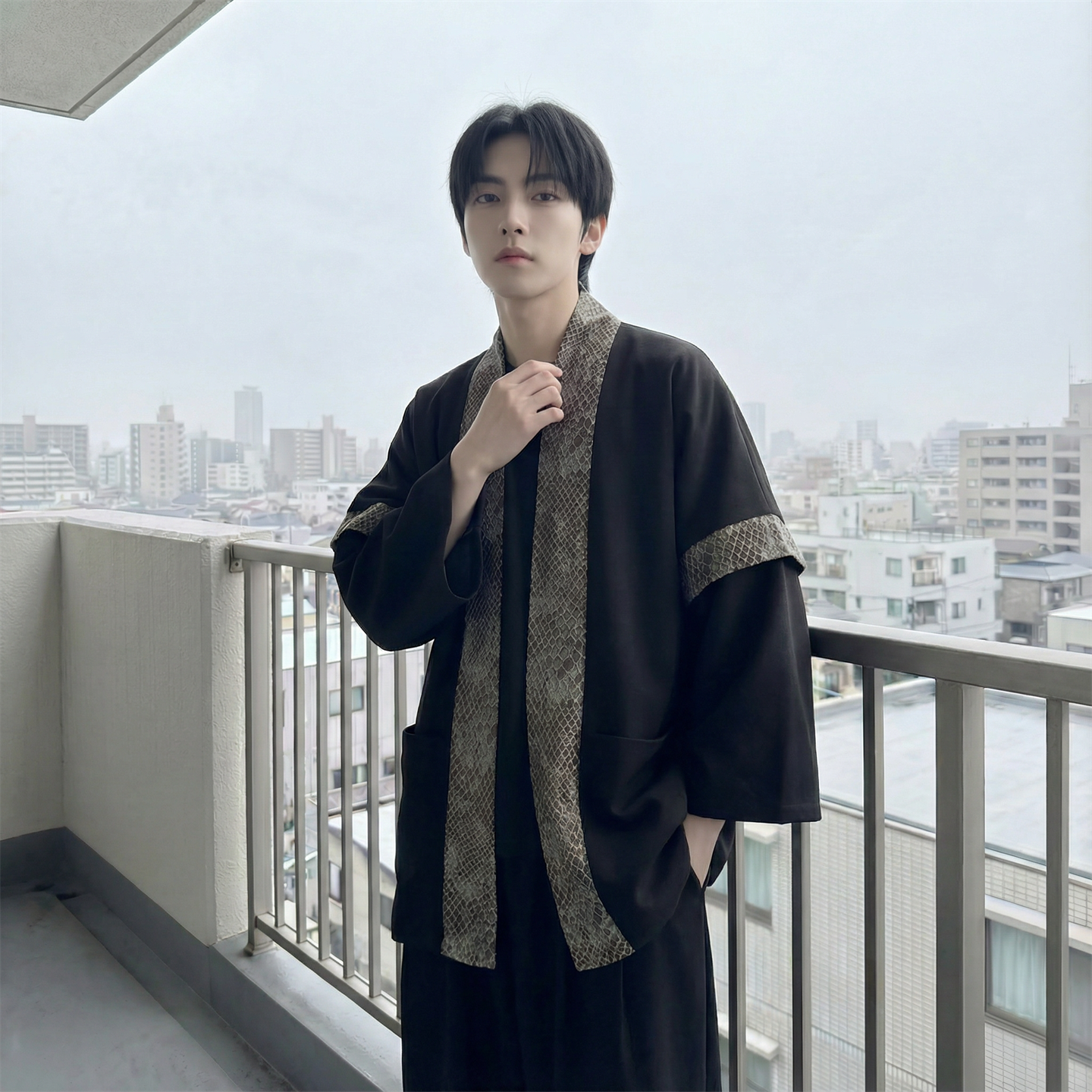 现货春秋风蟒纹印花拼接男士道袍汉服D3206-P78，男装民族服装，星座1017