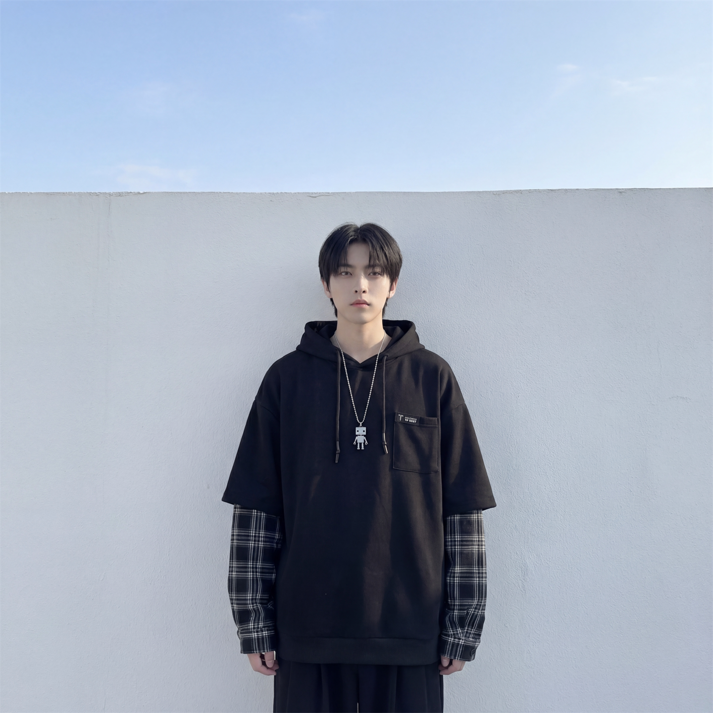 现货春季连帽卫衣男潮牌ins假两件拼接格子慵懒风W8212-P68,男装卫衣,星座1017