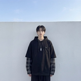 现货春季连帽卫衣男潮牌ins假两件拼接格子慵懒风W8212-P68，男装卫衣，星座1017