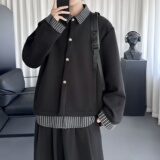 条纹衬衫假两件拼接开衫卫衣套装翻领简约外套R5413-P78，男装休闲套装，星座1017