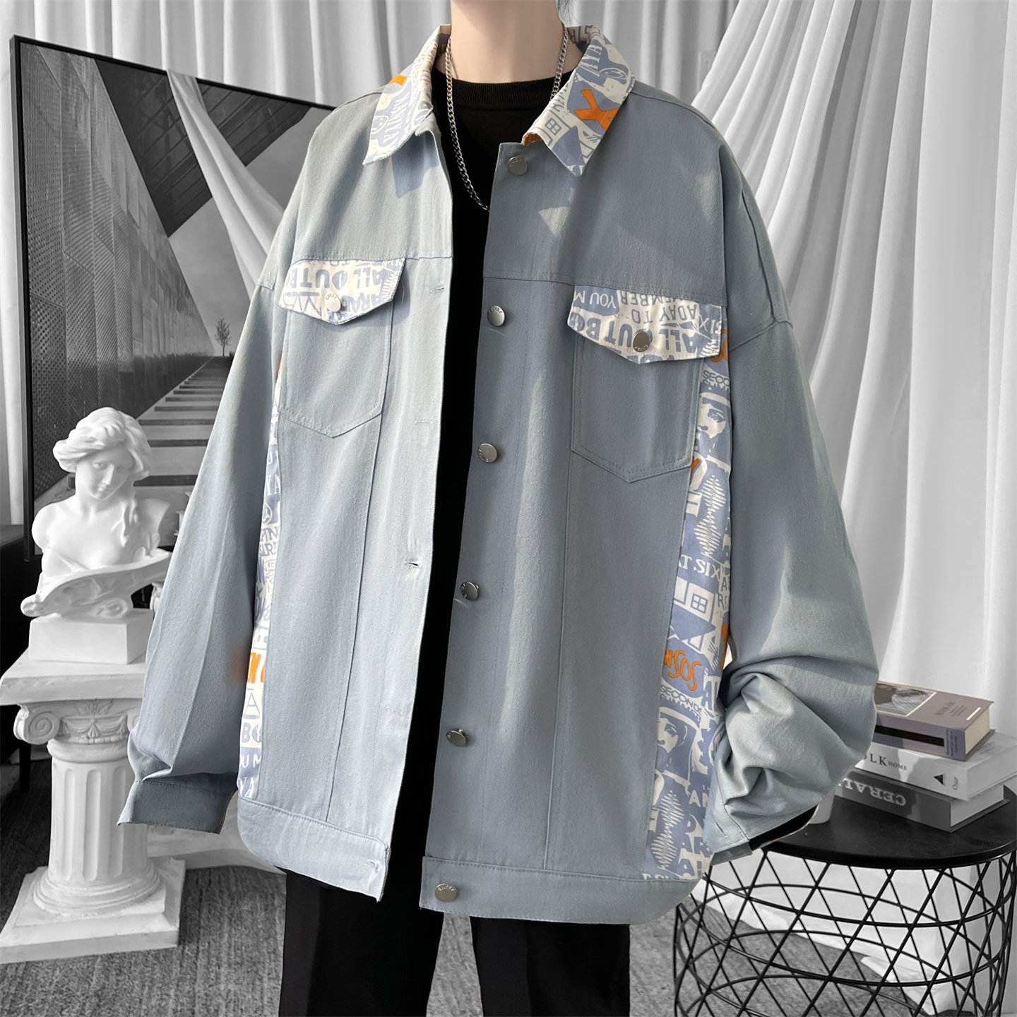 现货2026春季痞帅拼接设计感翻领夹克高级感潮流外套J24-P75，男装夹克，星座1017