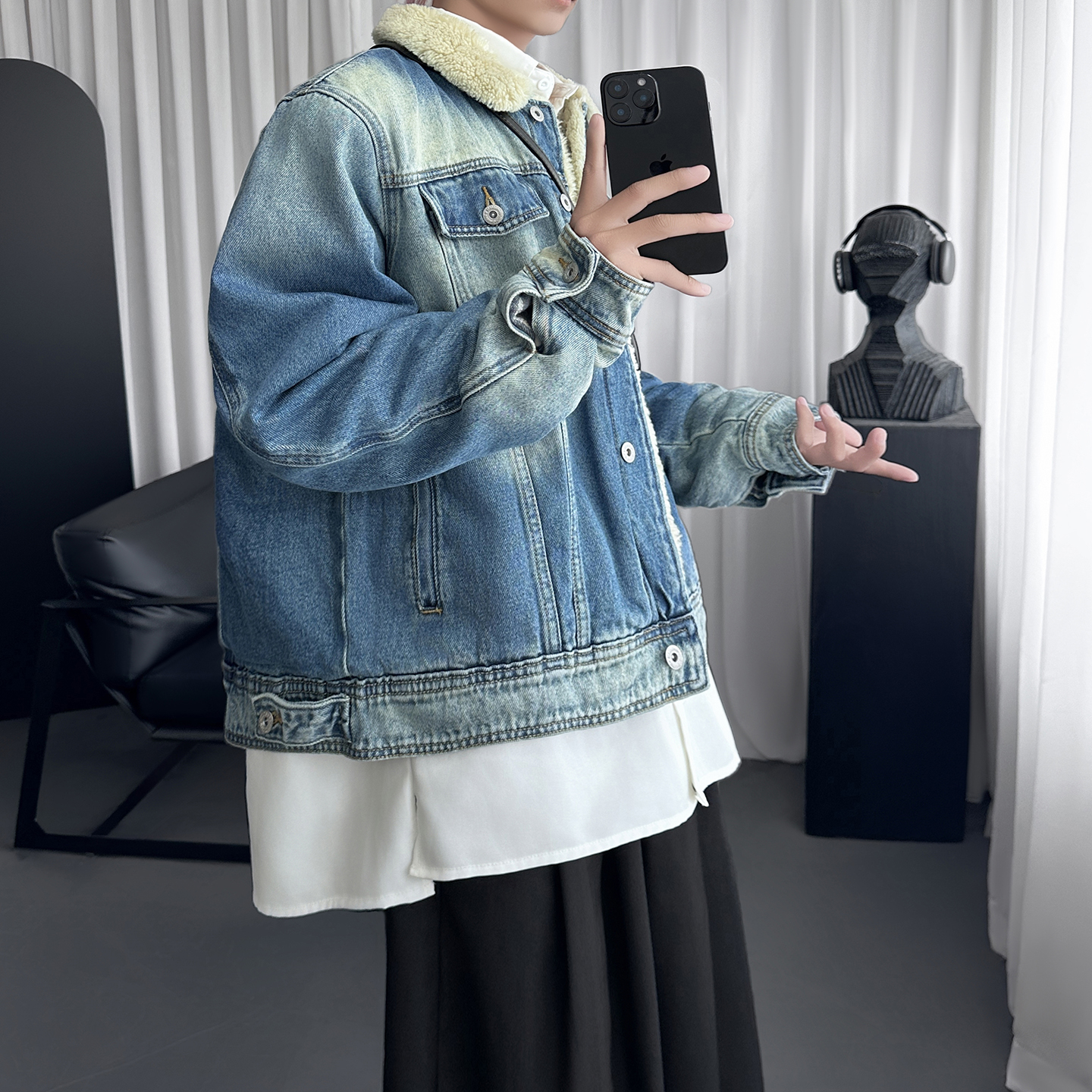 做旧羊羔绒丹宁牛仔外套格纹拼接保暖棉服夹克Q2053-P138,男装工装外套,星座1017 做旧羊羔绒丹宁牛仔外套格纹拼接保暖棉服夹克Q2053-P138,男装工装外套,星座1017