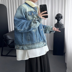 做旧羊羔绒丹宁牛仔外套格纹拼接保暖棉服夹克 Q2053-P138图片