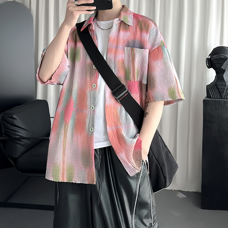 现货美式复古晕染压皱高级设计感短袖男夏休闲半袖衬衣C176-P48,男装T恤,星座1017