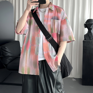 现货美式复古晕染压皱高级设计感短袖男夏休闲半袖衬衣C176-P48