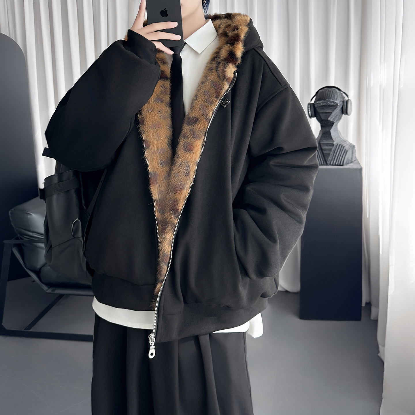 美式情侣加厚豹纹毛绒连帽棉服男夹克麂皮绒棉衣外套 D8599-P148