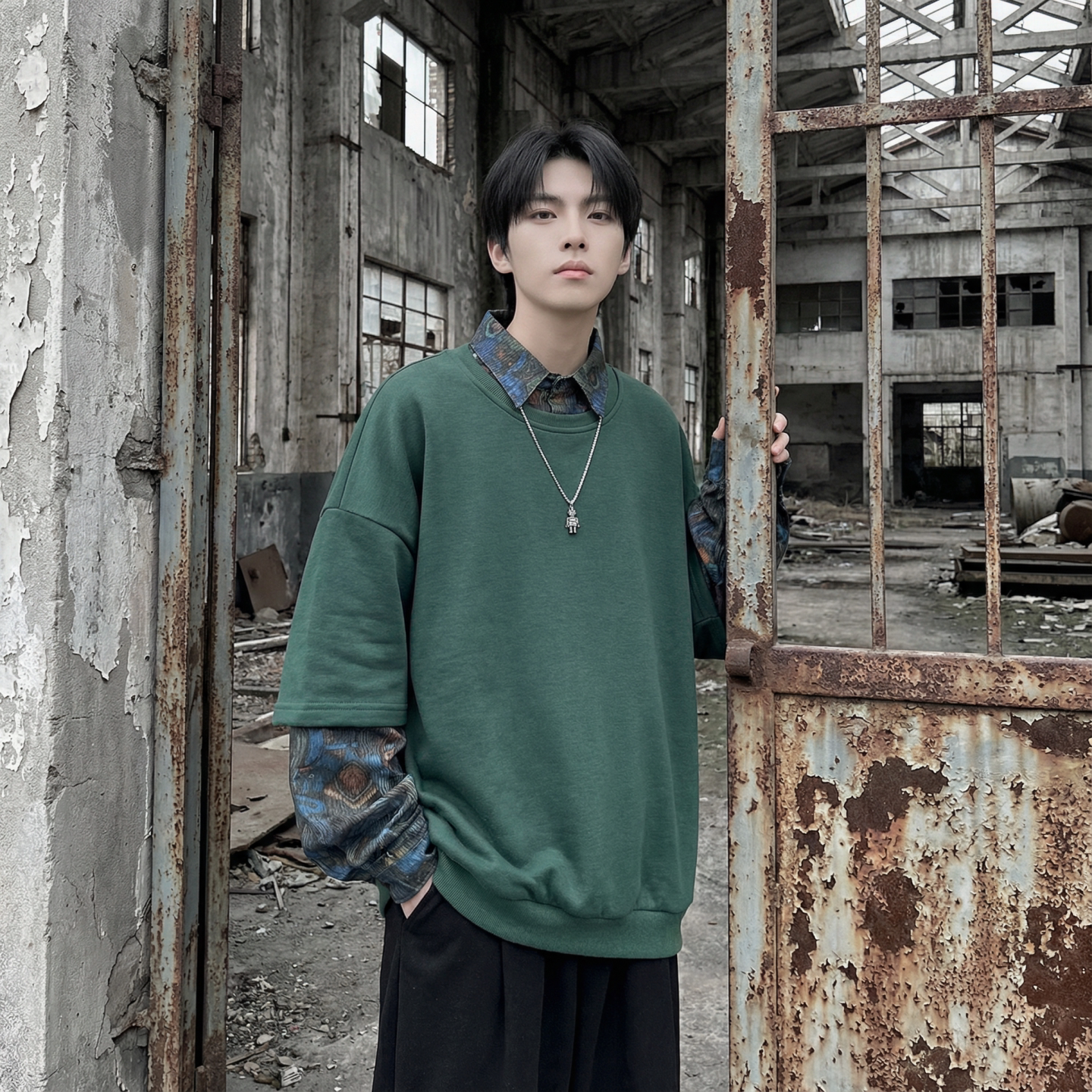现货慵懒假两件衬衫领卫衣日系情侣碎花上衣A881-P65,男装衬衫,星座1017