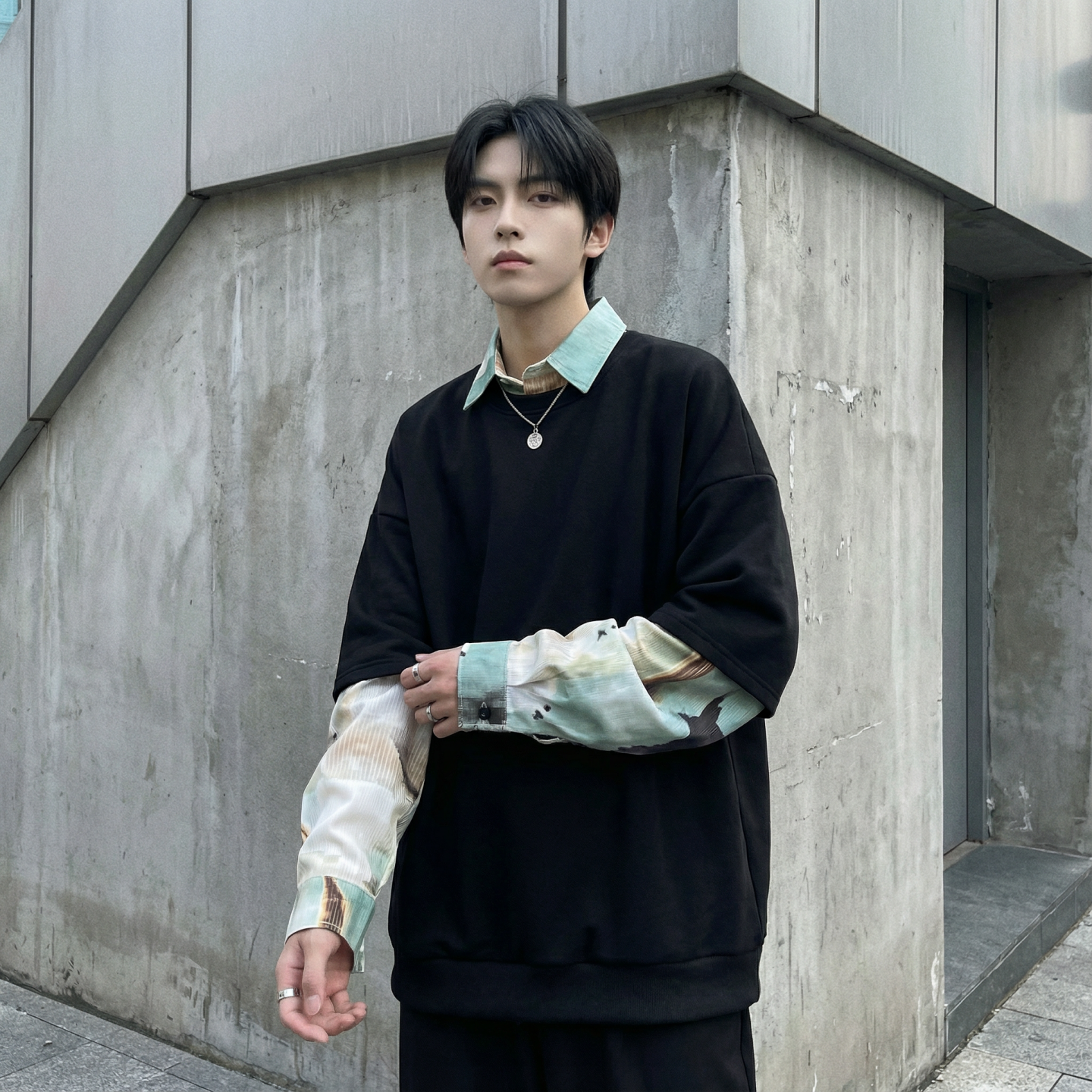 现货慵懒假两件衬衫领卫衣日系情侣碎花上衣A881-P65,男装衬衫,星座1017