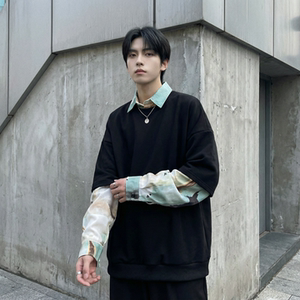 现货慵懒假两件衬衫领卫衣日系情侣碎花上衣 A881-P65图片